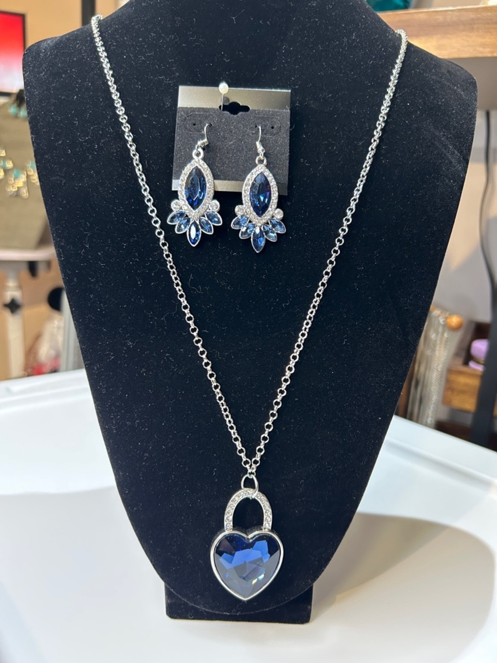 Silver Heart Pendant Necklace & Earrings Set with Blue Crystal - Women Jewelry